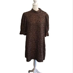 &Other Stories animal print high button neck dress with elbow puff sleev…